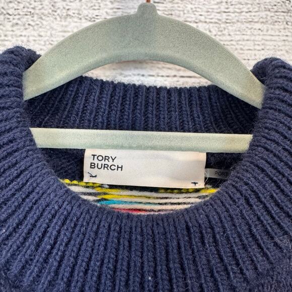 Tory Burch Women's Navy Colorful Flag Wool Blend Sweater Size XS - Picture 5 of 8